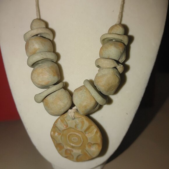 Sunburst Pendant Boho Natural Earth Tones Handcrafted Clay Beads Necklace Round - Picture 3 of 9